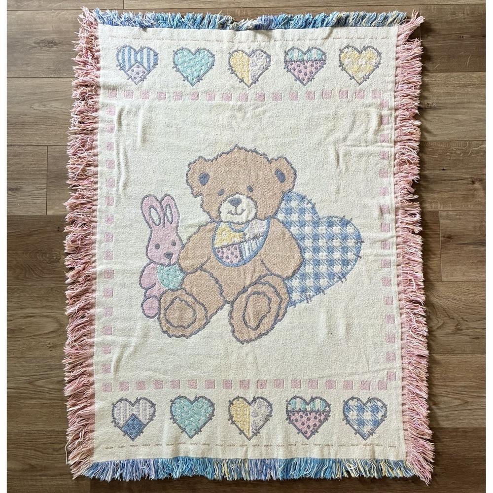 VTG Teddy Bear Cottagecore Nursery Pastel Colorful Baby Girl Boy Fringe Blanket